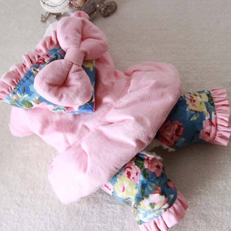 Kukka pinkki talvihaalari koirille paksu fleece lämmin lemmikkikoira haalari pentu rusetti pienille koirille chihuahua yorkshire