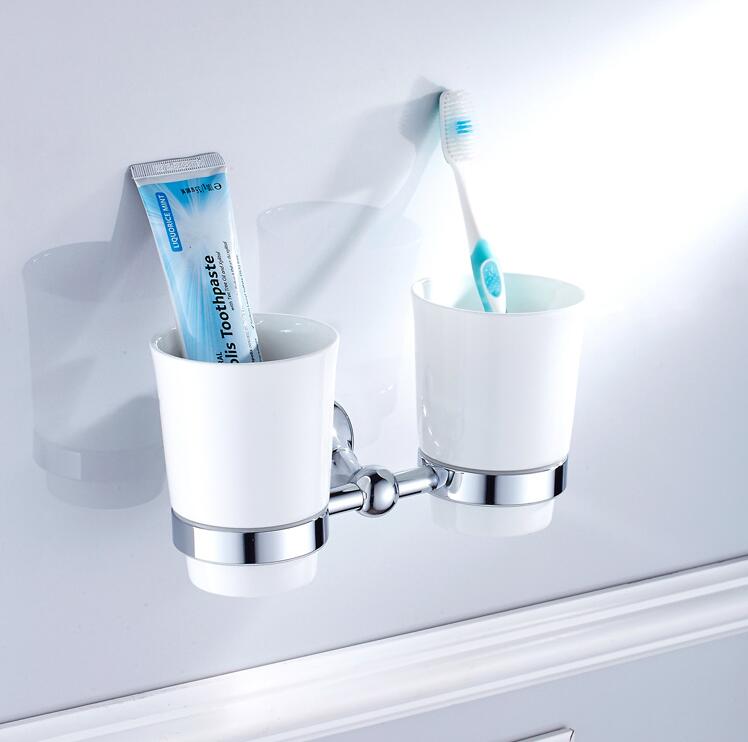 Portavasos y vaso antiguos de latón, soporte para cepillo de dientes antiguo con tazas dobles de cerámica, accesorios de baño, hardware de baño: chrome