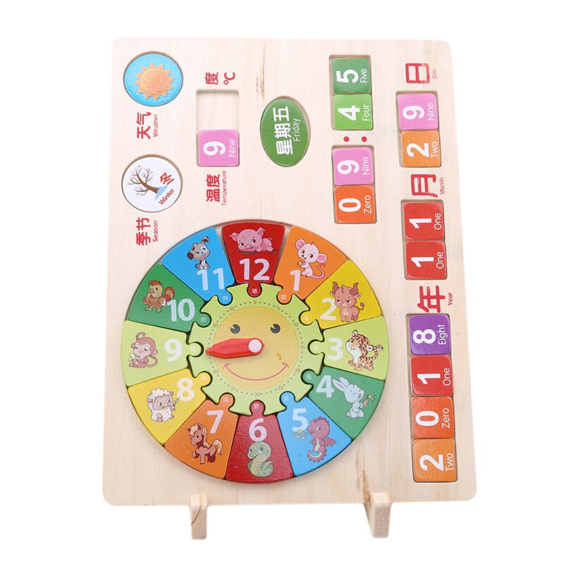 Digital Clock Educational Wooden Toys Baby Kids Cognition 12 Numbers Geometry Wood Puzzle Animal Learn Know Time Calendar ClocK