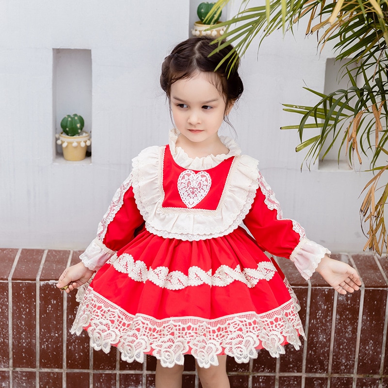 2 st småbarn flicka lolita prinsessa klänningar barn röd spanska frock höst baby flickor jul klä upp spädbarn spanien vestidos