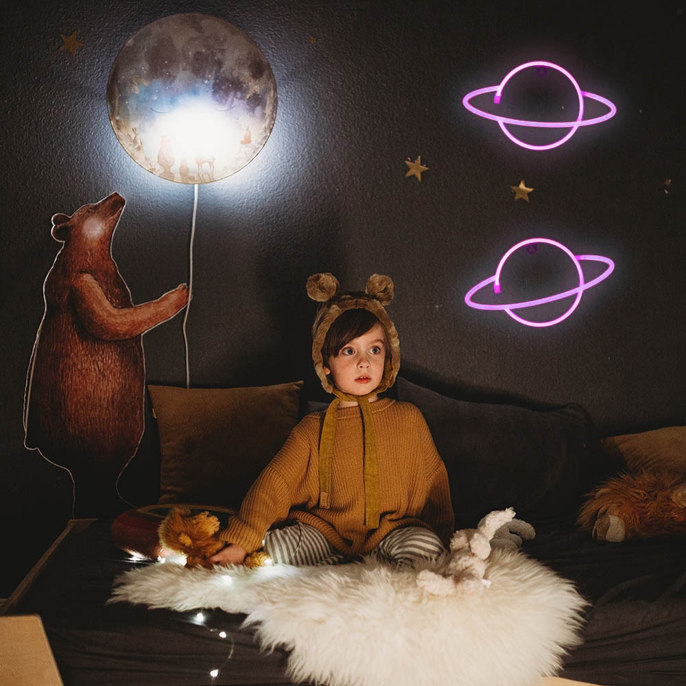 Blue And Pink/Blue/Pink LED Planet Neon Lamp USB Night Lamp Christmas Home Room Party Decorative Wall Light Kid