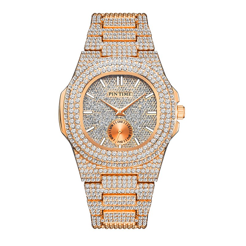 Fashon Iced Out Watch Men Diamond Hip Hop Mens Watches Top Brand Luxury Steel Gold Men Clock Montre Homme Reloj Hombre Relogio: Rose Gold