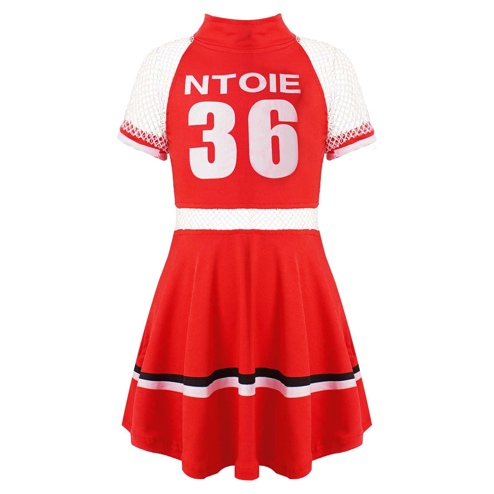 Ropa de animadora para niños y niñas, ropa de rejilla de manga corta, escote redondo, letras, números, estampado, vestido de baile con calcetines: Red / 100