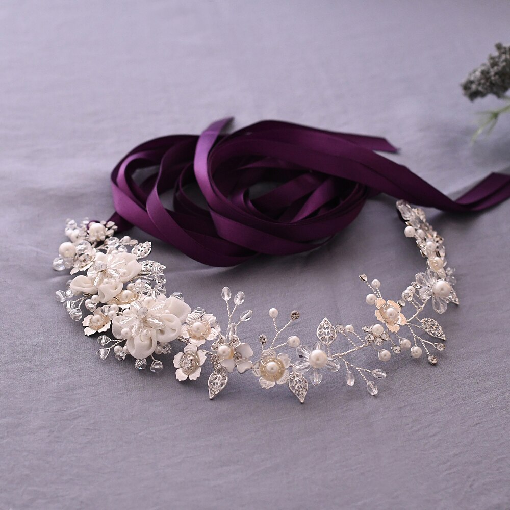 TRiXY SH275 Luxury Western Belt Silver Sash Belt for Wedding Dress Women Pearl Belts for Bridesmaid Flower Bridal Belt: purple ribbon