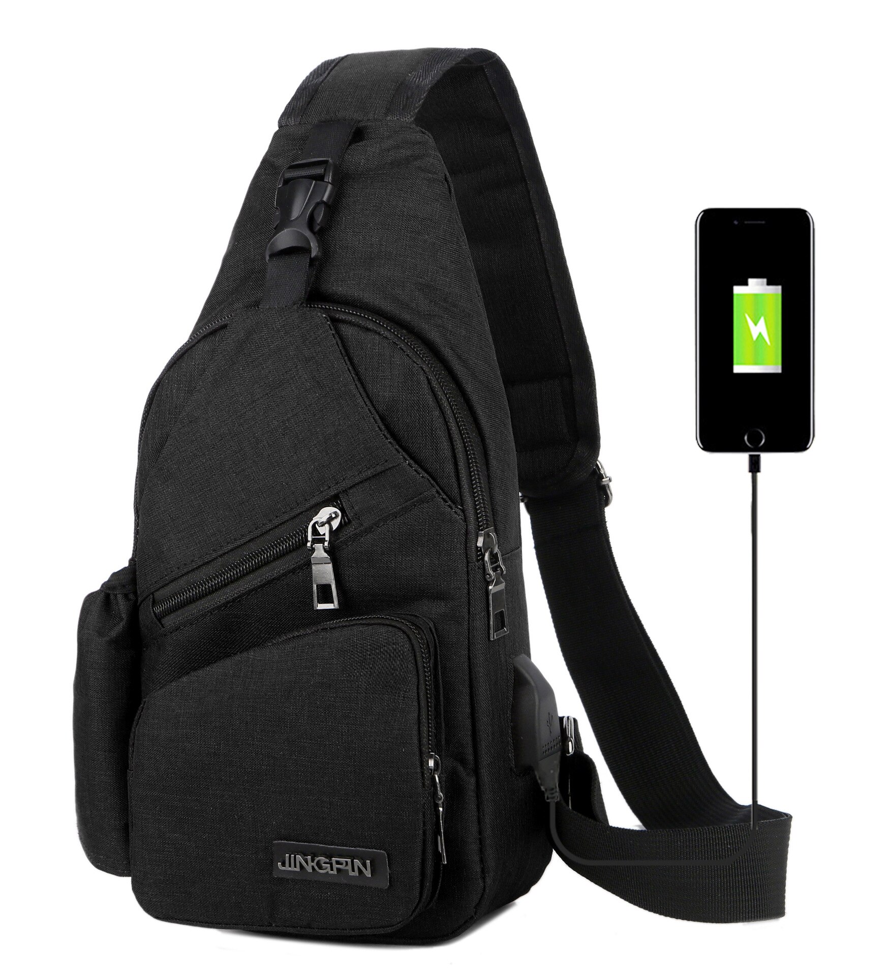 Men Chest Pack Messenger Sling Sport Travel Crossbody Shoulder Bag USB Charging Waist Packs: black
