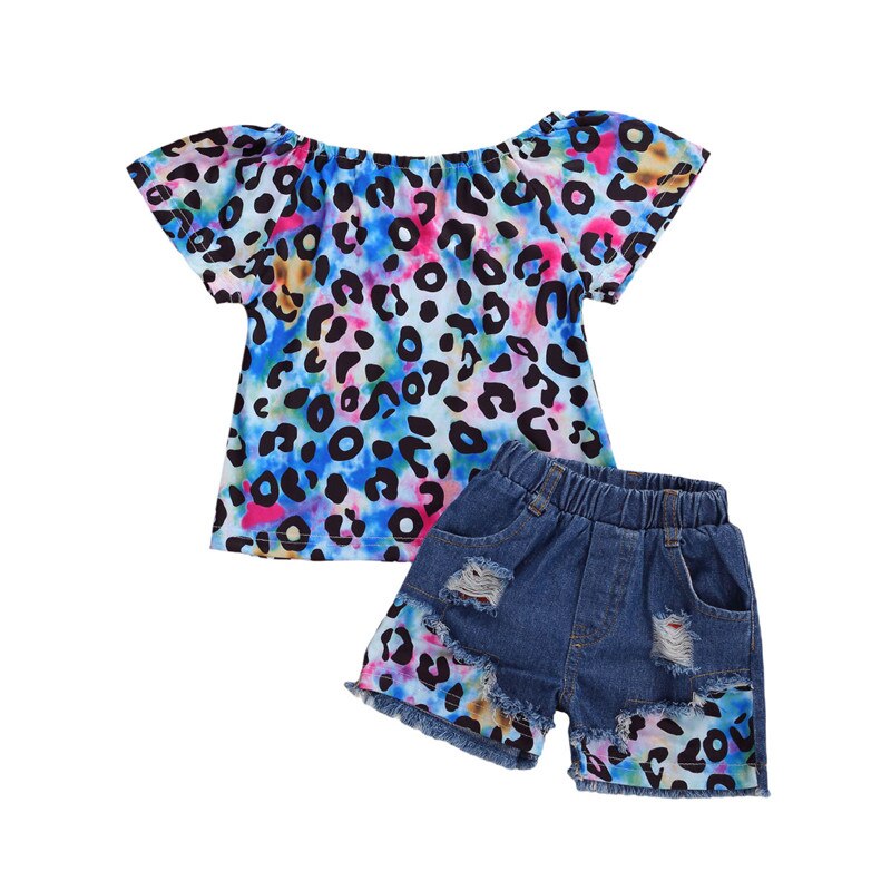 bébé été vêtements infantile enfants bébé fille cravate teinture léopard vêtements ensemble coloré chemise hauts déchiré trou Denim bas: Coloré / 3T
