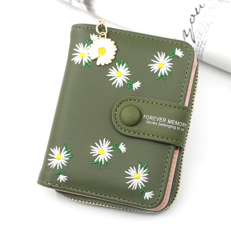 Flower Embroidery Women's Leather Wallet With Coin Pocket Short Purse For Female Ladies Clutch Bag Credit Card Holder: Green