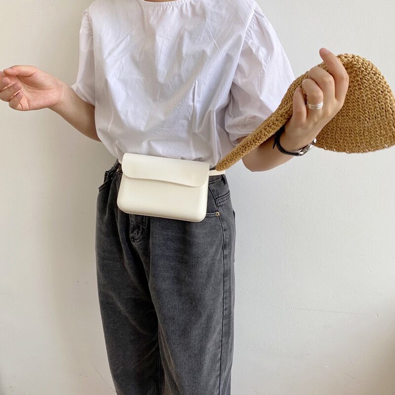 Sommar kvinnor mini crossbody telefonväska enfärgad enkel stil dam axelväska pu läder ungdomsfodral midjeväska ins: Vit