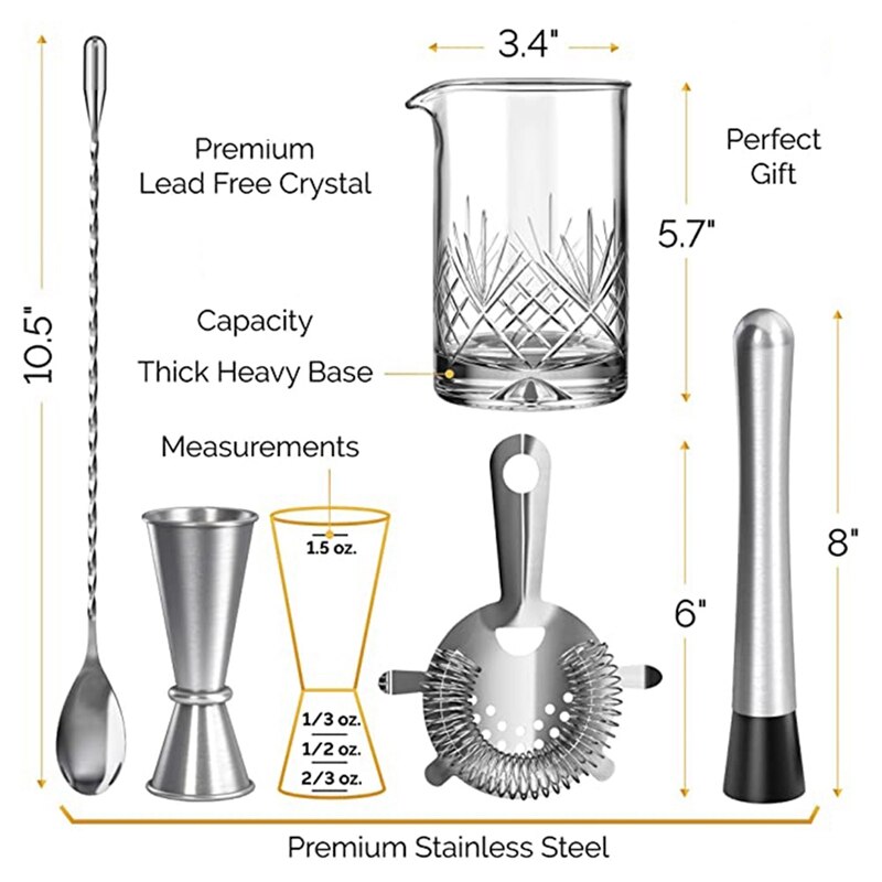 Crystal Cocktail Mixing Glass Set - 5 Piece - 450Ml Thick Bottom Crystal Mixing Glass, Spoon, Jigger, Strainer & Muddler