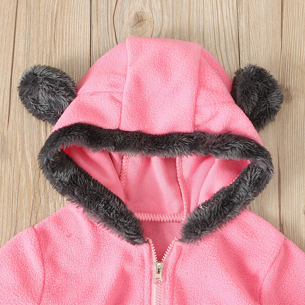 Säuglings Gesamt Baby Mädchen Jungen Winter warm Solide Karikatur Ohren Hoodie Strampler Kleidung Vlies