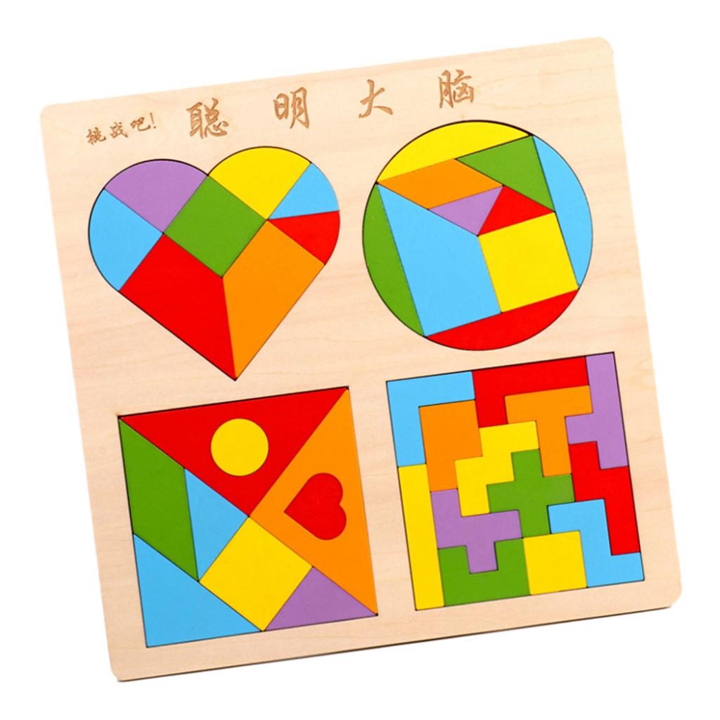 Wooden Geometric Shape Puzzle Tangram Brain Teasers Toy Colorful Puzzles Kit