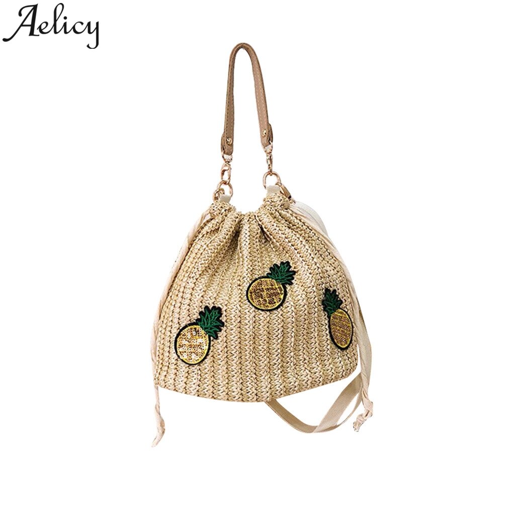 Aelicy Mode Dames Strand Ananas Decoratieve Stro Emmer Zakken Jute Vierkante Zak Beach Messenger Bag