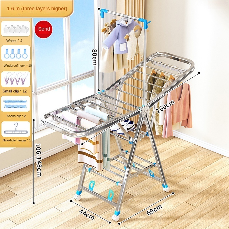 Wielowarstwowy wieszak robić suszenia ubrań ze stali nierdzewnej Składany wieszak na ubrania dla dzieci Wewnętrzny stojak na pranie robić przechowywania pościeli: zielone światło