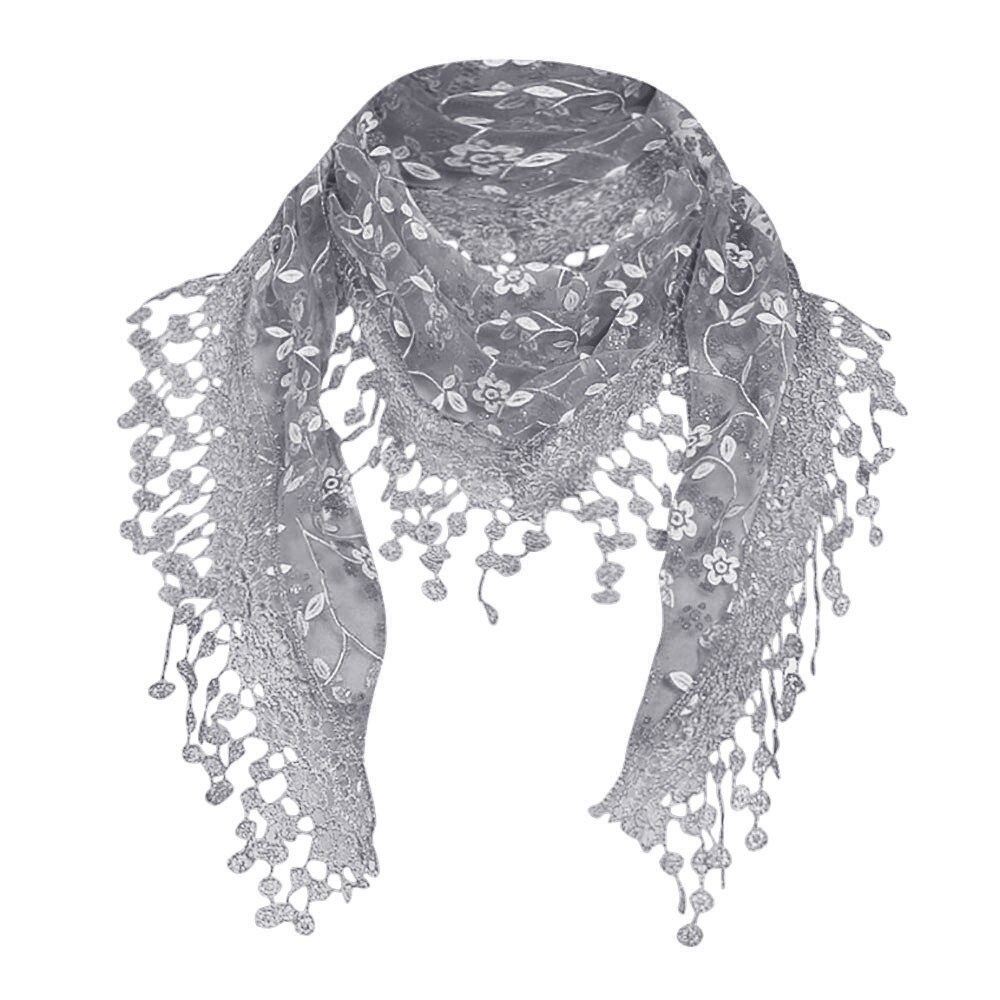 Dames kanten doorschijnende bloemensjaal, omslagdoek, kwastjessjaal, holle print, kanten sjaal met franjes, accessoires voor dames  #w5: Grijs 