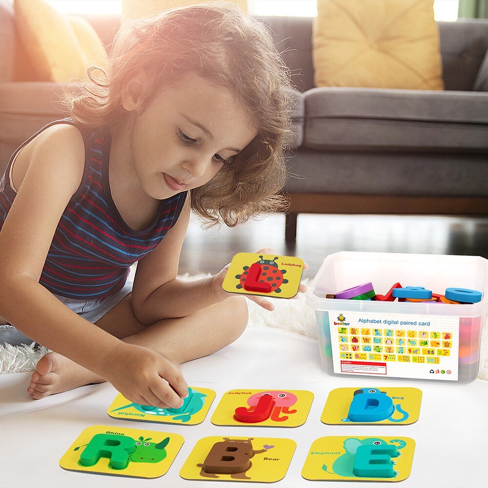 beetoy Alphabet Flash Cards Wooden Letters Jigsaw Puzzles Numbers with Storage Box, Baby Preschool Learning Educational Toys