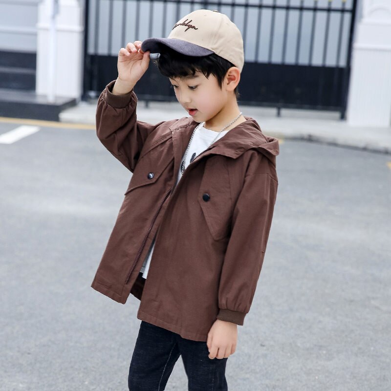 Long modèle décontracté garçons à capuche Trench Coat enfant 4-13 ans automne printemps garçons lettre Trench veste d'extérieur: Marron / 5