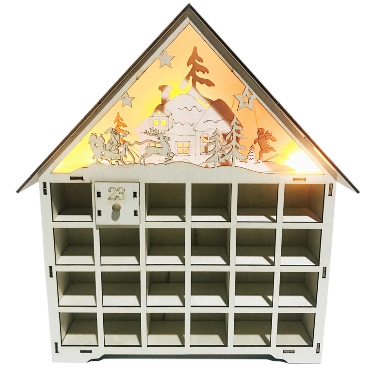 Houten adventskalender, aftellampjes, kerstverlichting, 24 uittrekbare lades, led-lampjes, kerstversiering, adventskalender
