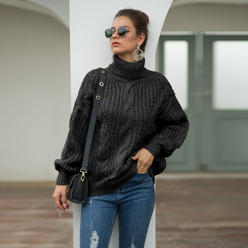 Efterår og vinter striktrøje dame rullekrave sweatere pullover oversize sweater tyk dame sweater: Sort / S