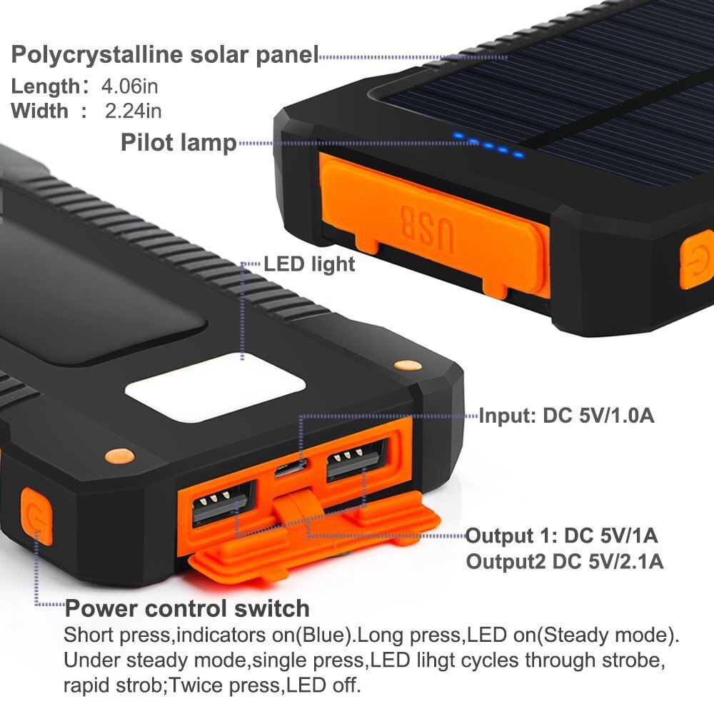 ポータブルソーラー電源銀行防水 10000 2600mah の太陽電池デュアル usb 充電器外部電源銀行充電器コンパス led ライト