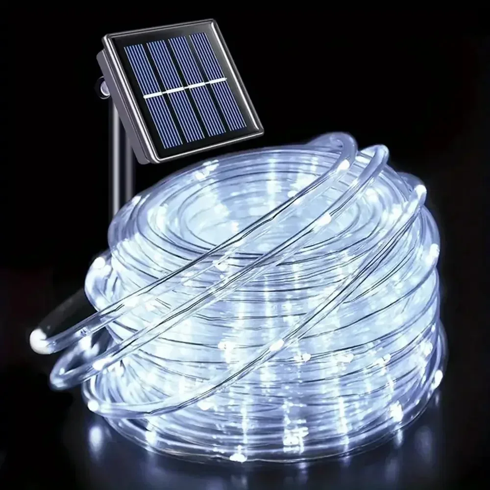 2025 Solar Rope Strip LED Lichtslingers LED Solar Outdoor Light Fairy Light Kerstslinger voor Garden Party Decor: WHITE / 16-20W
