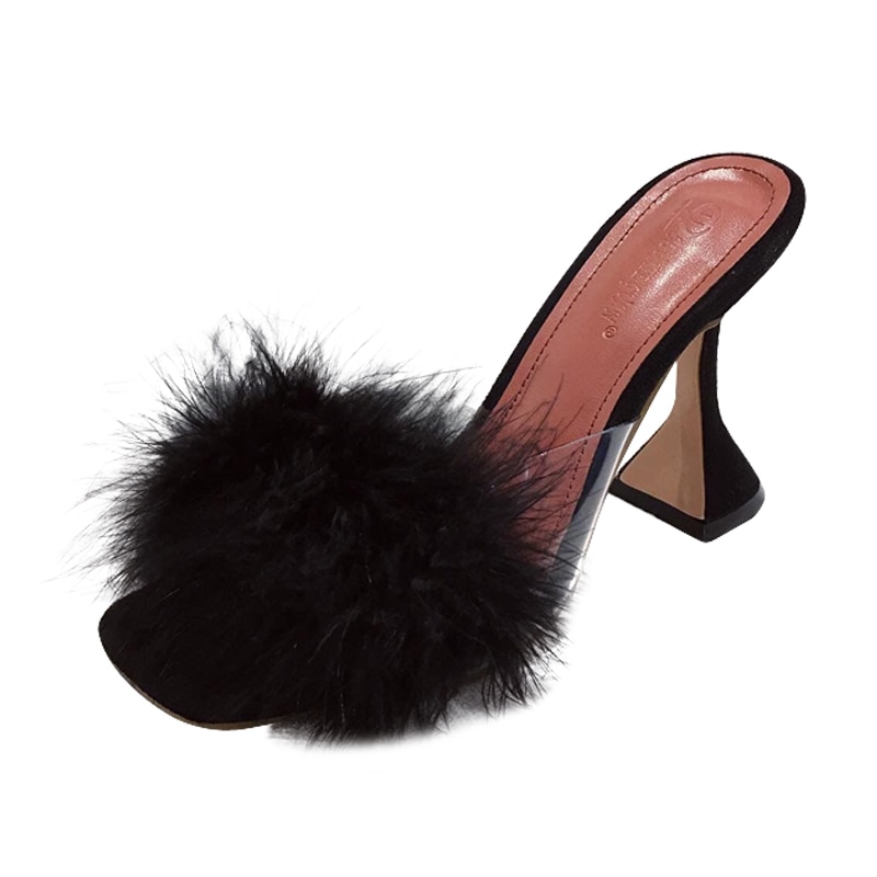 Sandales d'été en plume pour femmes, Mules à bout carré, cristal, talons hauts, Mules à bout ouvert, pantoufles fourrées, chaussures