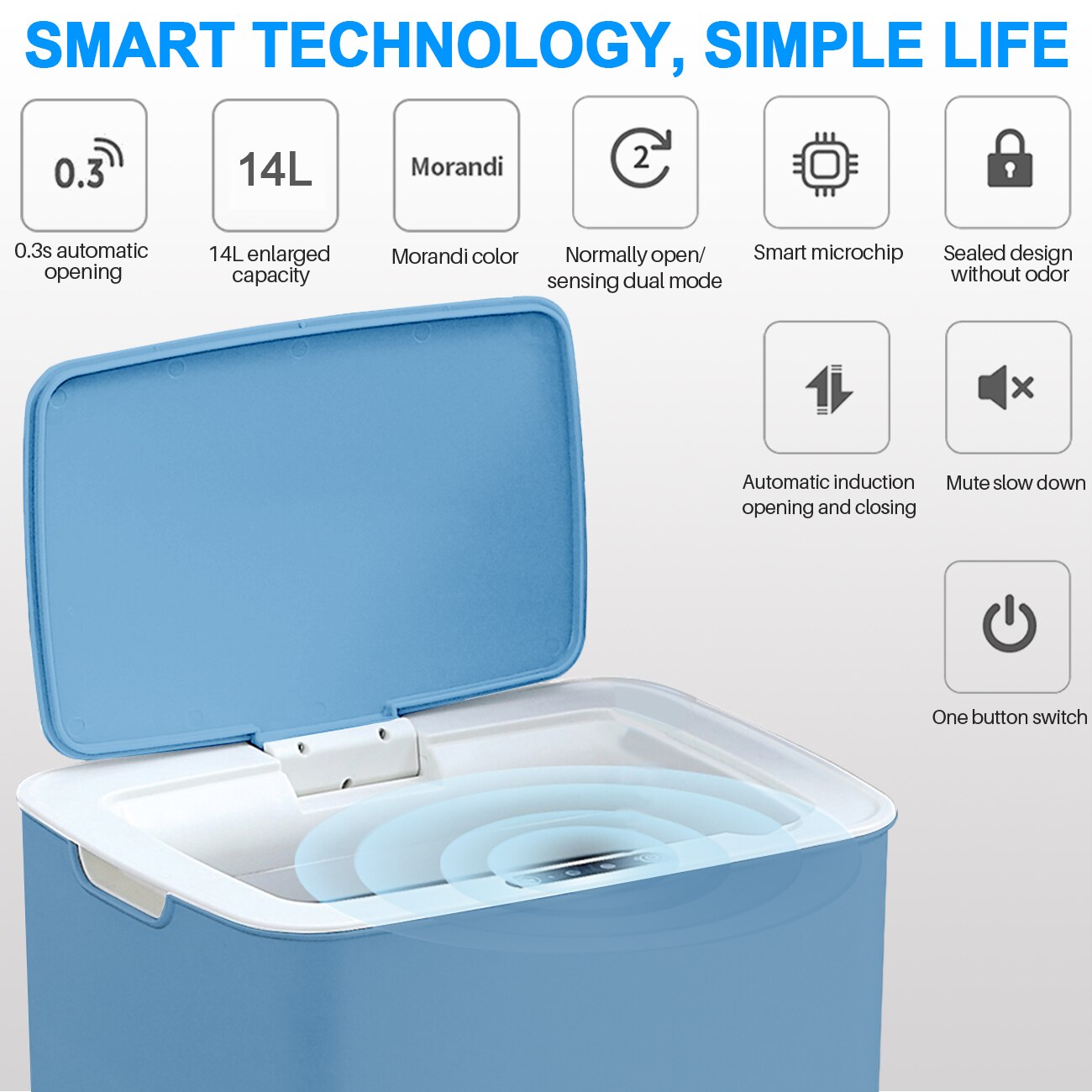 14L Non-contact Trash Can, Blue Inductive Trash Recycling Bin with Lid for Living Room, Kitchen, Bedroom,Toilet, Office, etc.