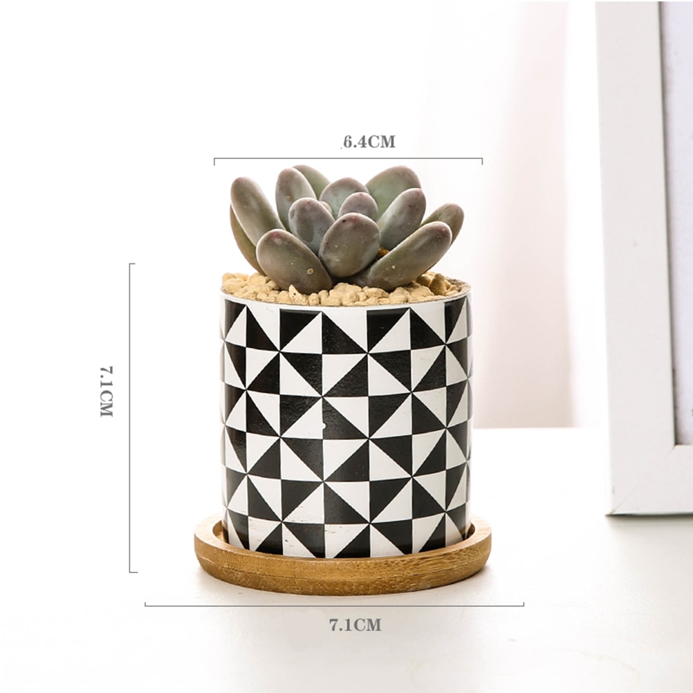 Jarrón de cerámica con forma de flor de escritorio, jarrón con forma geométrica, maceta sencilla para decoración de hogar y oficina con bandeja de Bambú
