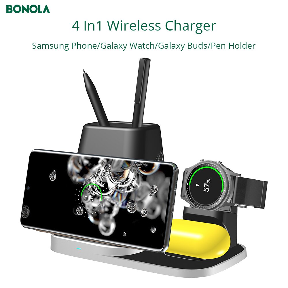 Bonola 4 In1 chargeur sans fil pour iPhone11/Xr/iWatch/AirPods/porte-stylo Qi 10W charge sans fil rapide pour Samsung S20/bourgeons/montre