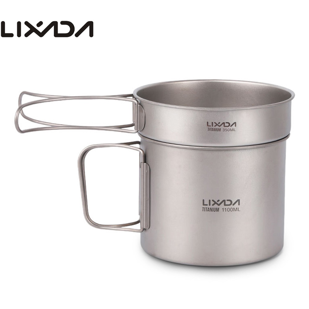 Lixada Ultralight Titanium Cookset Outdoor Camping Cookware Set 900ml Pot 350ml Fry Pan with Folding Handles Camping Equipment
