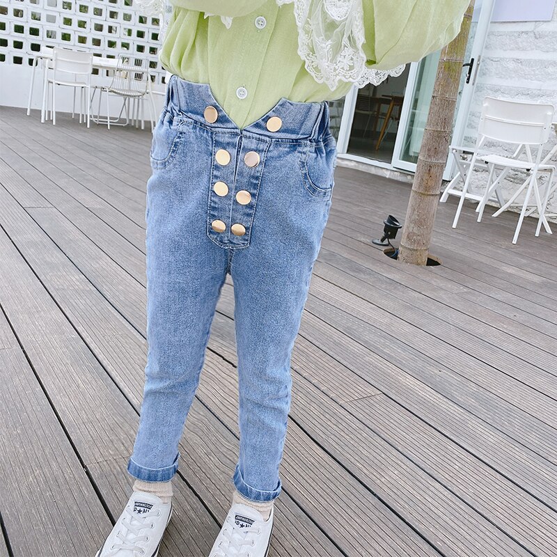 Skinny jeans för tjejer denim barn trasiga jeans för storlek 2 3 4 5 7 år knapp casual jeans solida barn tjejer jeans: Blå / 3t