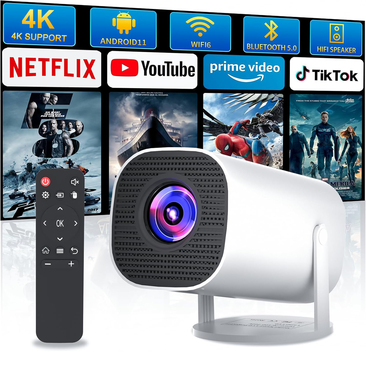 Mini Projector with WiFi & Bluetooth, 4K Support, Android System, Portable for Home Theater, Business, Gaming