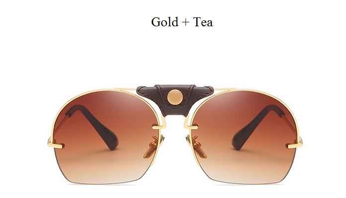 Gafas de sol de de Vintage de corte Semi-sin montura, hombres y mujeres de cuero para Gafas de sol, Gafas de sol con montura metálica, Gafas de sol masculinas Retro: Gold Tea