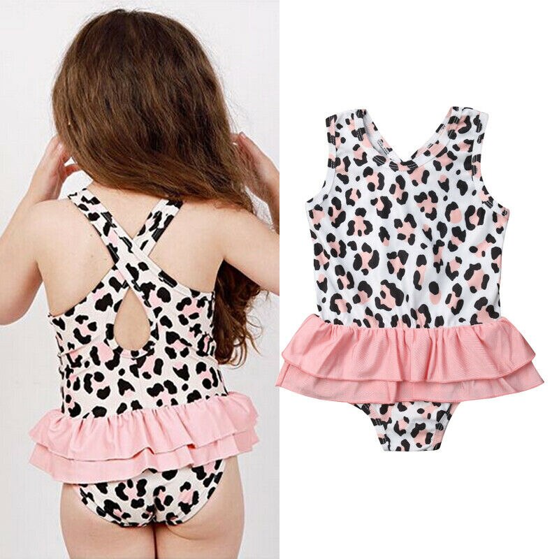 Toddler børn baby pige badedragt leopard print flæse badetøj strandtøj små piger ét stykke badedragter