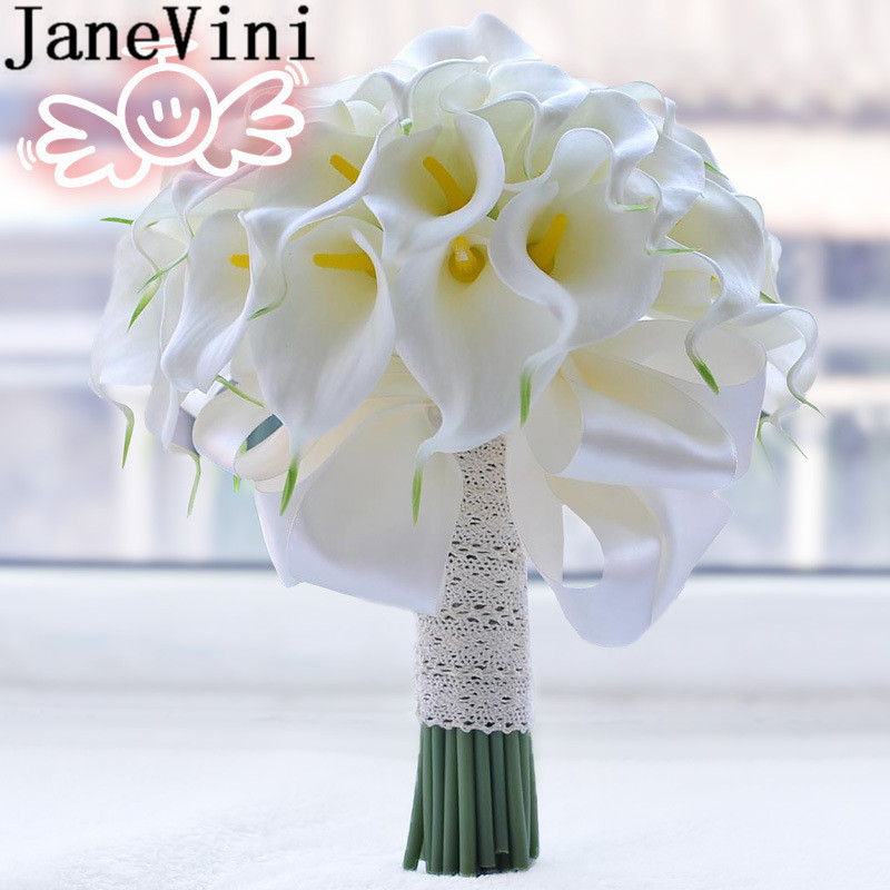 JaneVini Boho blanc Calla lys mariée Bouquet artificiel jaune soie demoiselle d'honneur Bouquets dentelle mariage mariée fleur Ramo Flores