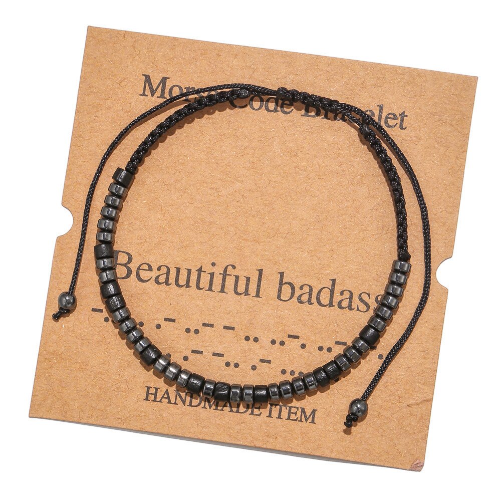 Morse Code Bracelet Black Iron Stone Beaded Hand-woven Card Couple Bracelet: Beautiful Badass
