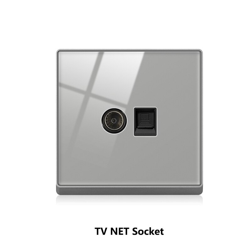 Atlectric Wall Socket Rj45 CAT5 Internet Outlet With TV Outlet Gray Crystal Glass Panel Double Computer Network Socket 86mm*86mm: 1T1C