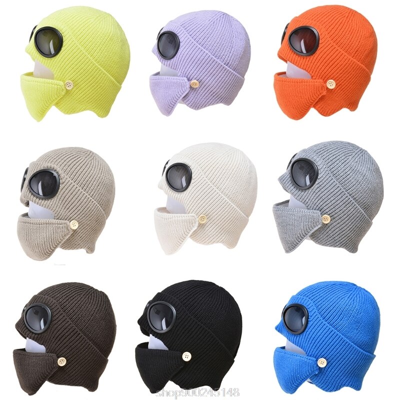2 In 1 Ribbed Knit Beanie Hat Mouth Mask Set Warm Windproof Snow Cuffed Earflap Cap with Glasses Goggles N03 20