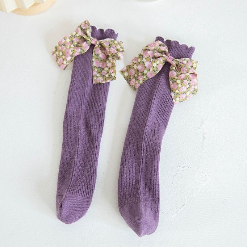 Lente Herfst Baby Sokken Leuke Bloem Gedrukt Bows Kids Peuter Sokken Zachte Katoen Prinses Meisje Lange Sokken: Purple