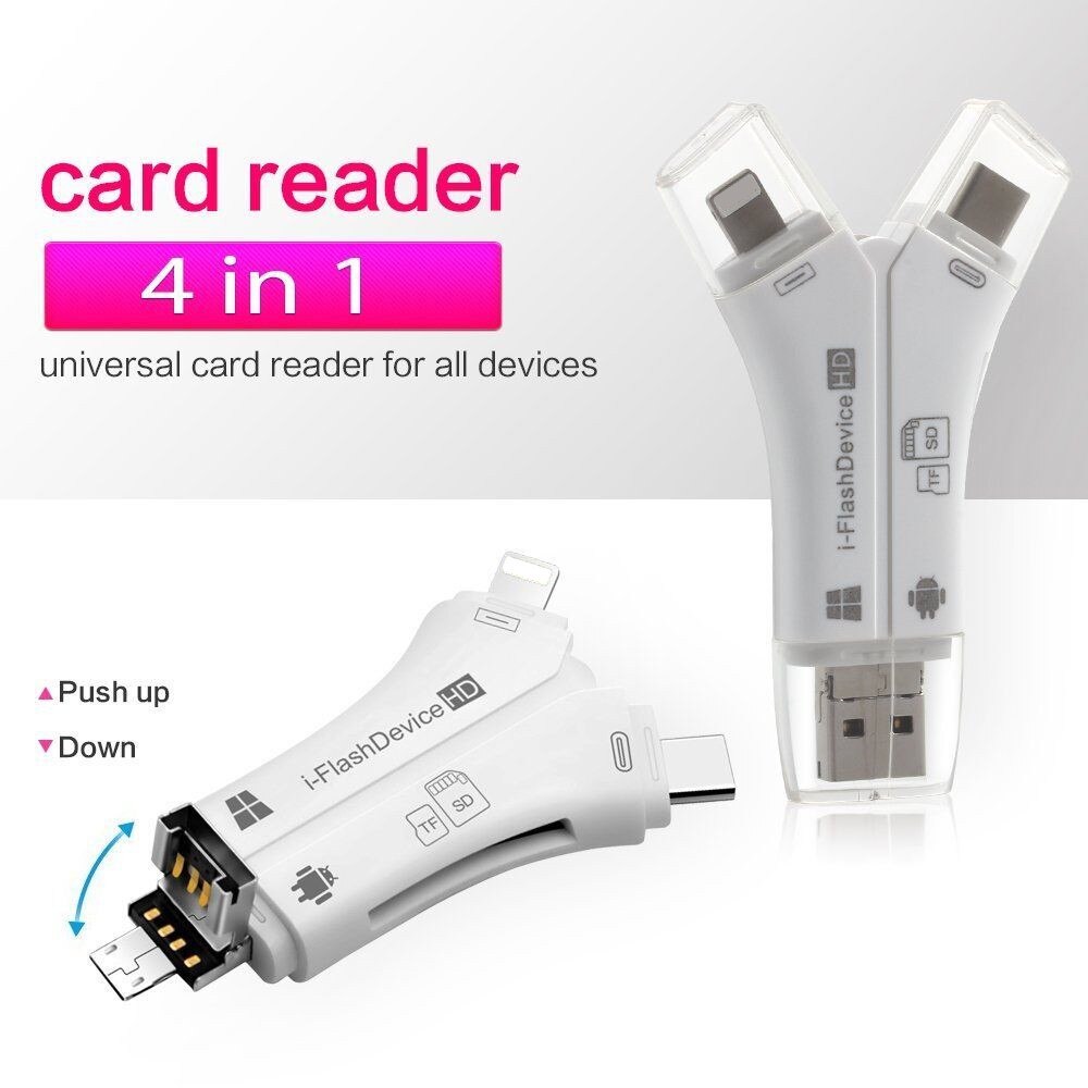 4 in 1 sd kortleser usb micro sd&tf kortleser adapter for iphone ipad mac android kamera gratis belysning og type-c utvidere