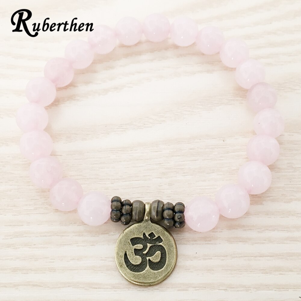 Ruberthen véritable naturel Rose pierre Bracelet Antique en laiton Om Lotus Bracelet à breloques Yogi