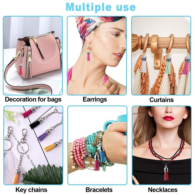 Kit de borlas para llavero, borla de cuero, dijes y anillos para hacer joyas, llaveros, pulseras y manualidades DIY, 120 Uds.