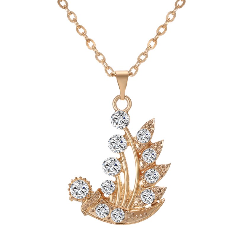 Mode Vrouwen Sieraden Set Crystal Gold Plated Hanger Ketting Stud Oorbel Ring Bloem Blad Wedding Accessoires