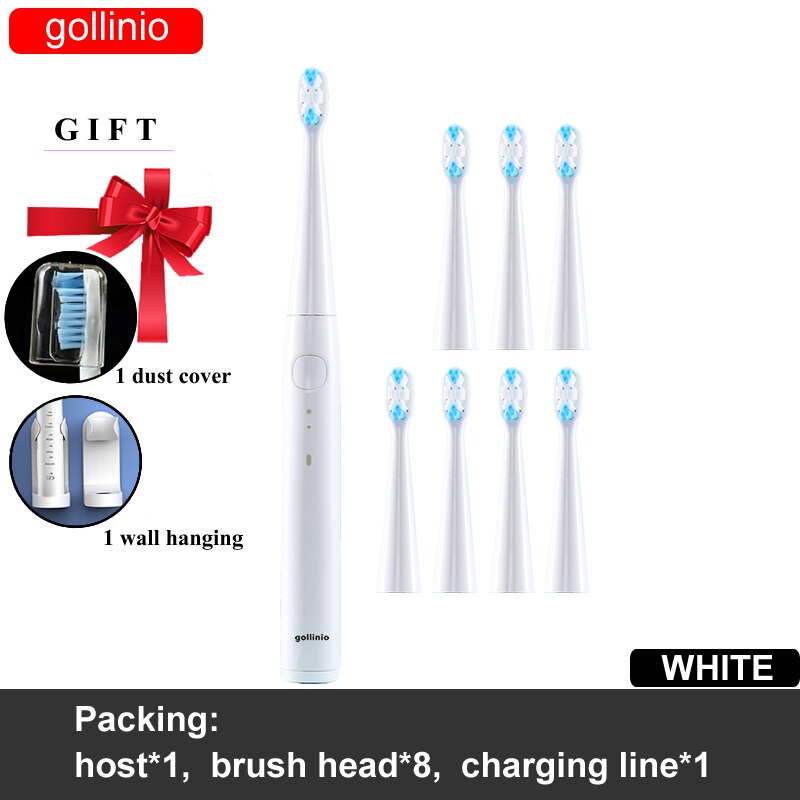 gollinio Electric Toothbrush usb fast charging GL56E smart electr toothbrush prodent Rechargeable Replacement Head: GL56WHITE8H-H