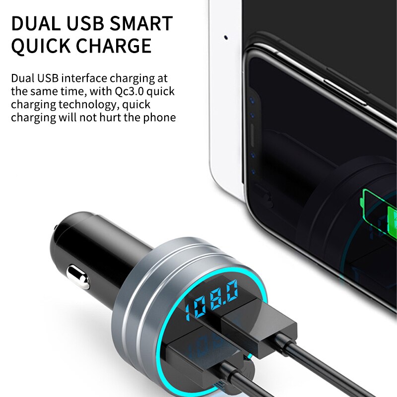 Bluetooth 5.0 Fm Transmitter Car Kit MP3 Modulator Auto-oplader QC3.0 Dubbele Usb Met Led Rooster Screen Eq Modus