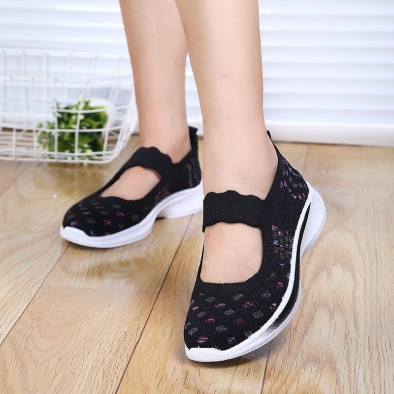 Moda antiderrapante sapatos de avó para mulher confortável verão malha mary jane sapatos mom plus size 41 cunhas femininas apartamentos mocassins
