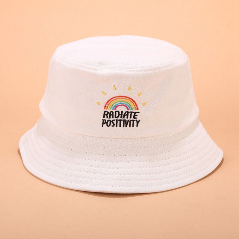 Women Girl Preppy Style Flat Top Bucket Hat Rainbow Letters Embroidery Candy Color Harajuku Hip Hop Student Summer Fisherman Cap