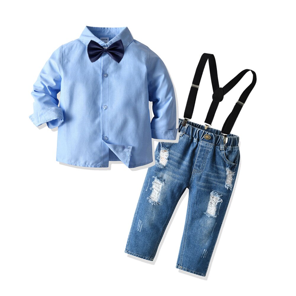 Babykostym barnkostymer 4 st/set barn baby pojkar affärskostym solid skjorta+ jean+rem+rosett för pojkar 1-6 ålder: Blå / 18m