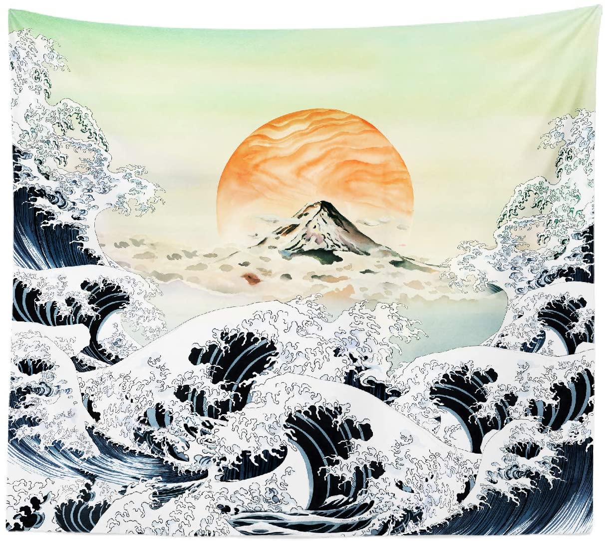 Tapices japoneses para colgar en la pared Original, dibujo a mano, dibujo artístico, ola de mar, atardecer