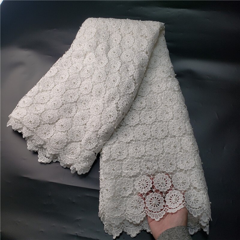 Tela de encaje de guipur de grado clásico para vestido de boda, tejido suave bordado, cordón africano, color blanco puro, amigable con la piel, última NN957-k: with beads4