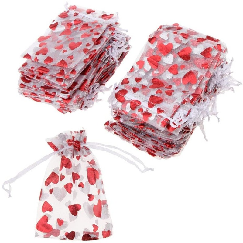 50pcs Love Heart Bags Valentines Day Candy Bag Goodies Packaging Organza Wedding Birthday Party Favors Decoration